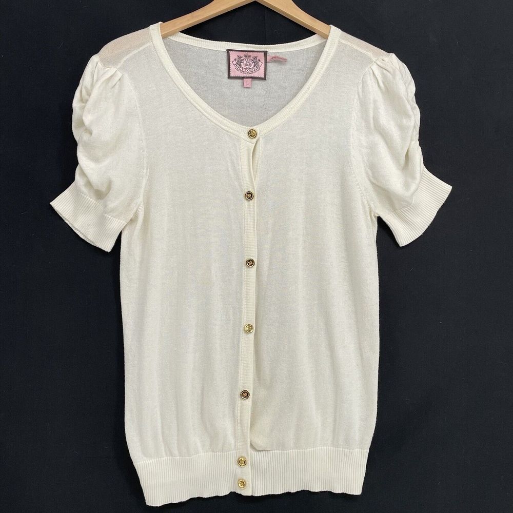 Juicy Couture Cardigan Size L Cream Cotton Blend Puffed Short Sleeve Lightweight
